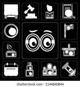 Set Of 13 simple editable icons such as Looking, Push pin, Judging, Packing, Wall calendar, Online store, Writer, Maps and Flags, Customer service on black background
