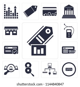 Set Of 13 simple editable icons such as Tag, Open, Sitemap, Placeholder, Hiring, Browser, Video player, Shop, web ui icon pack