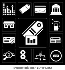 Set Of 13 simple editable icons such as Tag, Open, Sitemap, Placeholder, Hiring, Browser, Video player, Shop on black background