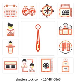 Set Of 13 simple editable icons such as Accessory, Packing, Phone number, Businessman, Banker, School material, Presentation, Judging, Clothing, web ui icon pack