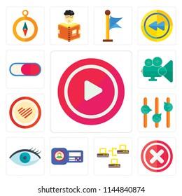 Set Of 13 simple editable icons such as Play, Multiply, Server, Id card, View, Volume control, Dislike, Video player, Switch, web ui icon pack