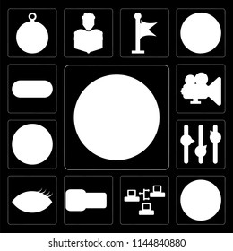 Set Of 13 simple editable icons such as Play, Multiply, Server, Id card, View, Volume control, Dislike, Video player, Switch on black background