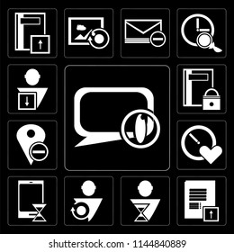 Set Of 13 simple editable icons such as Speech bubble, Notepad, User, Smartphone, Stopwatch, Placeholder, Notebook, User on black background