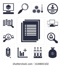 Set Of 13 simple editable icons such as List, Get money, Testing, Profits, Tag, Spy, Hiring, Responsive, Analytics, web ui icon pack