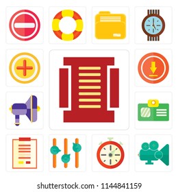 Set Of 13 simple editable icons such as Menu, Video player, Stopwatch, Volume control, Notepad, Id card, Speaker, Upload, Add, web ui icon pack