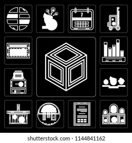 Set Of 13 simple editable icons such as Packing, Judging, Office material, School Online store, Network, Stats, Stats on black background