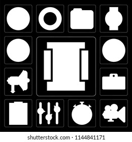 Set Of 13 simple editable icons such as Menu, Video player, Stopwatch, Volume control, Notepad, Id card, Speaker, Upload, Add on black background