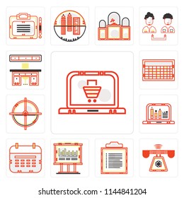 Set Of 13 simple editable icons such as Online store, Ringing, Text lines, Bars chart, Wall calendar, Line Circular target, Stats, Offices, web ui icon pack