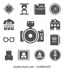Set Of 13 simple editable icons such as Photo camera, Microphone, Login, User, Television, Notepad, Eyeglasses, Home, Cloud computing, web ui icon pack
