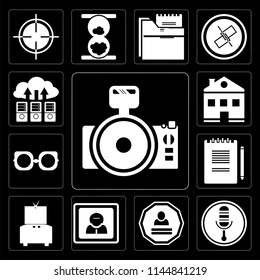 Set Of 13 simple editable icons such as Photo camera, Microphone, Login, User, Television, Notepad, Eyeglasses, Home, Cloud computing on black background