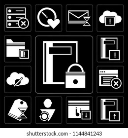 Set Of 13 simple editable icons such as Notebook, Music player, User, Price tag, Browser, Cloud computing, Folder on black background