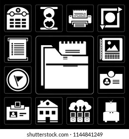 Set Of 13 simple editable icons such as Folder, Television, Cloud computing, Home, Id card, Flag, Calendar, Menu on black background