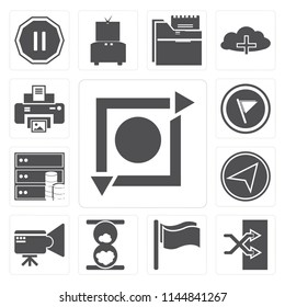 Set Of 13 simple editable icons such as Repeat, Shuffle, Flag, Hourglass, Video camera, Paper plane, Database, Print, web ui icon pack