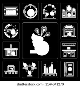 Set Of 13 simple editable icons such as Invention, Dollar, Stats, Network, Luggage, Offices, Online store, Shopping Wait on black background