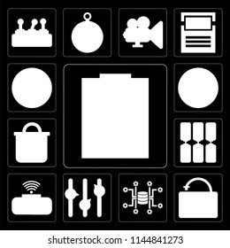 Set Of 13 simple editable icons such as Notepad, Unlocked, Database, Volume control, Wireless internet, Battery, Locked, Upload, Dislike on black background