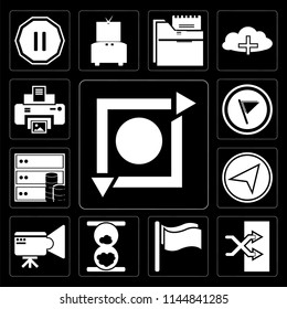 Set Of 13 simple editable icons such as Repeat, Shuffle, Flag, Hourglass, Video camera, Paper plane, Database, Print on black background