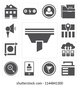 Set Of 13 simple editable icons such as Funnel, Unlocked, Flag, Smartphone, Zoom in, Cloud computing, Repeat, Map, Megaphone, web ui icon pack