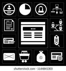 Set Of 13 simple editable icons such as Browser, Get money, Shopping cart, Envelope, Tag, Networking, Invoice on black background