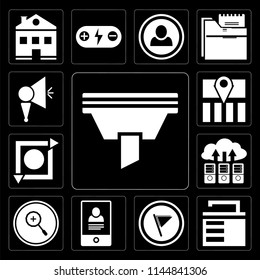 Set Of 13 simple editable icons such as Funnel, Unlocked, Flag, Smartphone, Zoom in, Cloud computing, Repeat, Map, Megaphone on black background