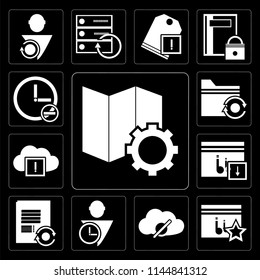 Set Of 13 simple editable icons such as Map, Music player, Cloud computing, User, Notepad, Folder, Stopwatch on black background