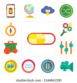 Set Of 13 simple editable icons such as Switch, Video player, Pause, Infinity, Fast forward, Volume control, Garbage, Settings, Compass, web ui icon pack