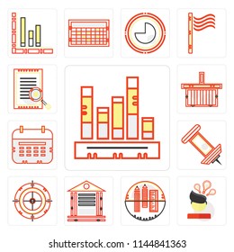 Set Of 13 simple editable icons such as Stats, Invention, School material, Banking, Dart board, Push pin, Wall calendar, Online store, Archive, web ui icon pack