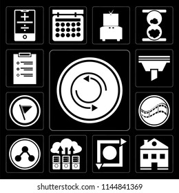 Set Of 13 simple editable icons such as Repeat, Home, Cloud computing, Share, Film, Flag, Funnel, List on black background