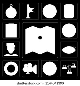 Set Of 13 simple editable icons such as Map, Server, Play, Video player, Help, View, User, Upload, Notepad on black background