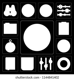 Set Of 13 simple editable icons such as Upload, Help, Volume control, Calendar, Notebook, Next, Compass, Notepad, Folder on black background