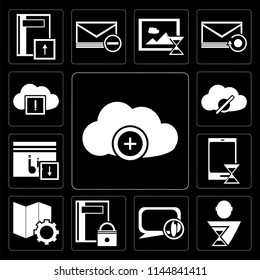 Set Of 13 simple editable icons such as Cloud computing, User, Speech bubble, Notebook, Map, Smartphone, Music player, computing on black background