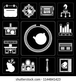 Set Of 13 simple editable icons such as Maps and Flags, Phone number, Accessory, Judging, Invention, Banker, Offices, Stats, Online store on black background