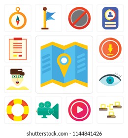 Set Of 13 simple editable icons such as Map, Server, Play, Video player, Help, View, User, Upload, Notepad, web ui icon pack