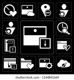 Set Of 13 simple editable icons such as Archive, Cloud computing, Folder, Music player, Browser, Notebook, Stopwatch, User on black background