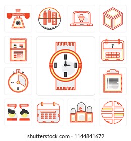 Set Of 13 simple editable icons such as Watches, Maps and Flags, Judging, Wall calendar, Chatting, Text lines, Racing, Weekly Curriculum, web ui icon pack