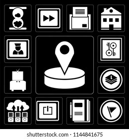 Set Of 13 simple editable icons such as Placeholder, Flag, Notebook, Power, Cloud computing, Layers, Television, Key, User on black background