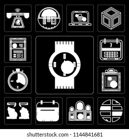 Set Of 13 simple editable icons such as Watches, Maps and Flags, Judging, Wall calendar, Chatting, Text lines, Racing, Weekly Curriculum on black background