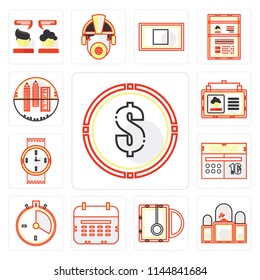 Set Of 13 simple editable icons such as Dollar, Judging, Hot drink, Wall calendar, Racing, Calendar, Watches, Id card, School material, web ui icon pack