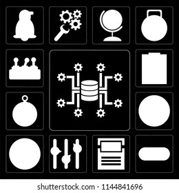 Set Of 13 simple editable icons such as Database, Switch, Folder, Volume control, Frame, Infinity, Compass, Notepad, Controls on black background