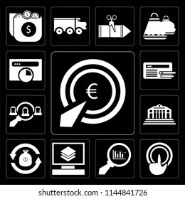 Set Of 13 simple editable icons such as Pay per click, Tap, Analytics, Layers, Exchange, Bank, Hiring, Browser, Browser on black background
