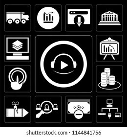 Set Of 13 simple editable icons such as Video player, Sitemap, Money, Hiring, Coupon, Get money, Tap, Analytics, Layers on black background