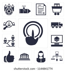 Set Of 13 simple editable icons such as Tap, Sitemap, User, Bank, Like, Layers, Networking, Delivery truck, Hiring, web ui icon pack