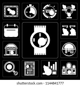 Set Of 13 simple editable icons such as Watches, Judging, Stats, Curriculum, Growth, School material, Shopping store, Chatting, Wall calendar on black background