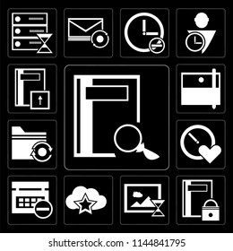 Set Of 13 simple editable icons such as Notebook, Image, Cloud computing, Calendar, Stopwatch, Folder, Archive, Notebook on black background