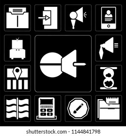 Set Of 13 simple editable icons such as Push pin, Folder, Compose, Calculator, Flag, Hourglass, Map, Speaker, Television on black background