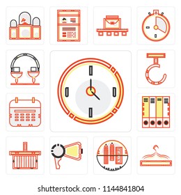 Set Of 13 simple editable icons such as Circular clock, Accessory, School material, Protest, Online store, Office Wall calendar, Hook, Measuring, web ui icon pack