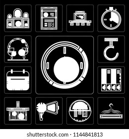 Set Of 13 simple editable icons such as Circular clock, Accessory, School material, Protest, Online store, Office Wall calendar, Hook, Measuring on black background