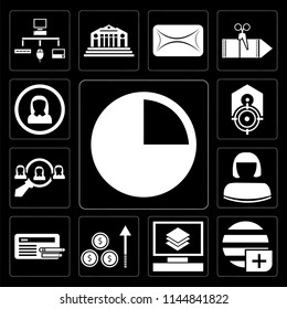 Set Of 13 simple editable icons such as Pie chart, Worldwide, Layers, Profits, Browser, User, Hiring, Tag, User on black background