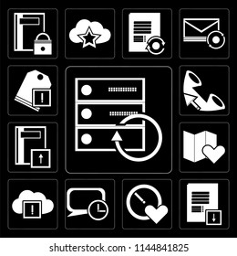 Set Of 13 simple editable icons such as Server, Notepad, Stopwatch, Speech bubble, Cloud computing, Map, Notebook, Phone call, Price tag on black background