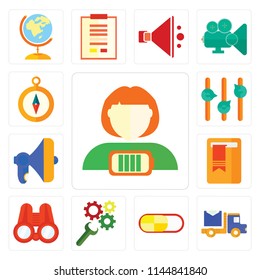 Set Of 13 simple editable icons such as Battery, Send, Switch, Settings, Binoculars, Bookmark, Megaphone, Volume control, Compass, web ui icon pack