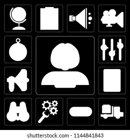 Set Of 13 simple editable icons such as Battery, Send, Switch, Settings, Binoculars, Bookmark, Megaphone, Volume control, Compass on black background
